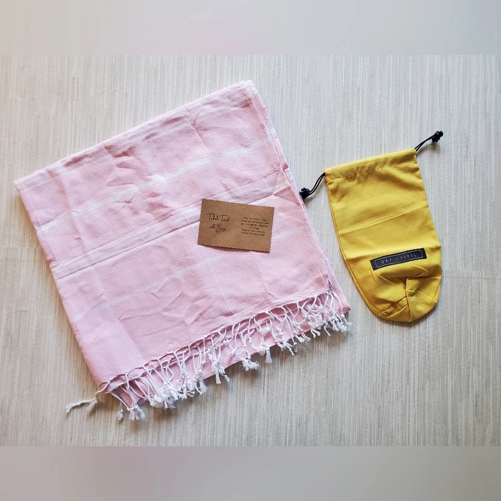 Bay Laurel Turkish 100% Cotton Beach Yoga Towel Travel Bag Powder Pink Stripe